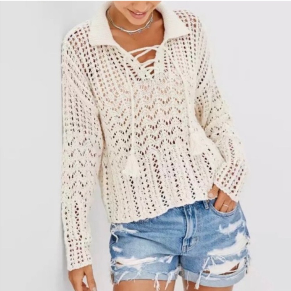 American Eagle Tan Crochet Sweater, size small